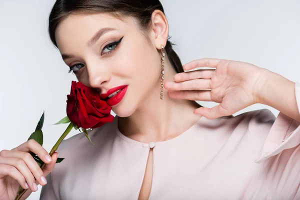 Brunette woman in earrings holding red rose isolated on grey — стоковое фото