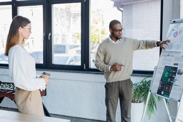 African american businessman in glasses showing infographics on flip chart to colleague with paper cup — Stock Photo