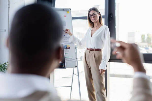 Mujer de negocios en gafas mostrando infografías a hombre afroamericano borroso - foto de stock