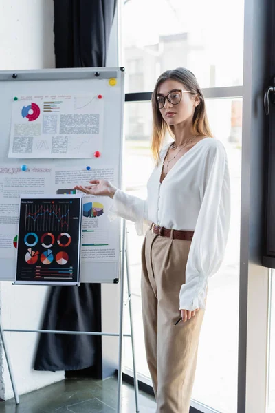 Businesswoman in glasses pointing with hand at infographics on flip chart — Stock Photo