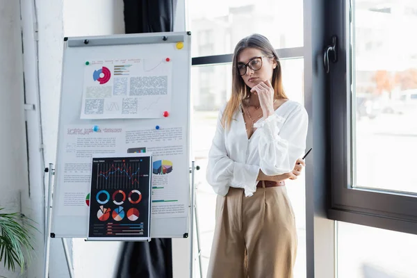 Pensive businesswoman in glasses standing near flip chart — Stock Photo