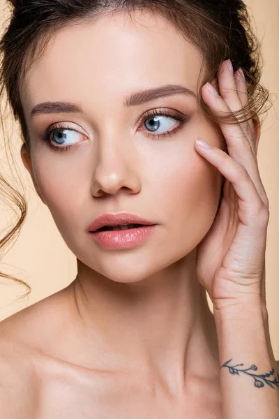 Porträt einer hübschen Frau, die Haare isoliert auf Beige berührt — Stockfoto