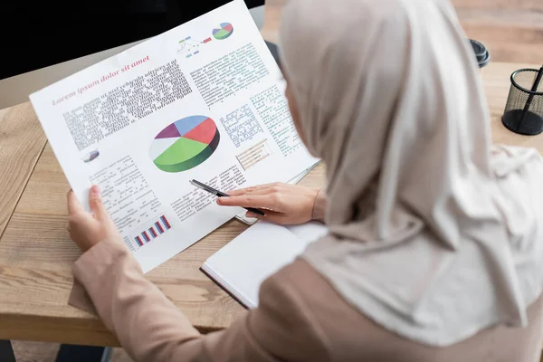 Mujer árabe borrosa apuntando con pluma a la analítica mientras trabaja en casa — Stock Photo