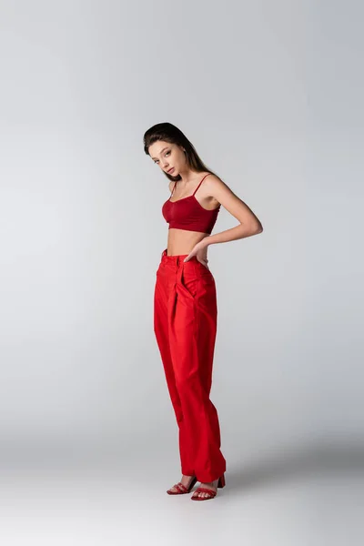 Brünettes Model in rotem Outfit posiert mit der Hand auf der Hüfte auf grau — Stockfoto