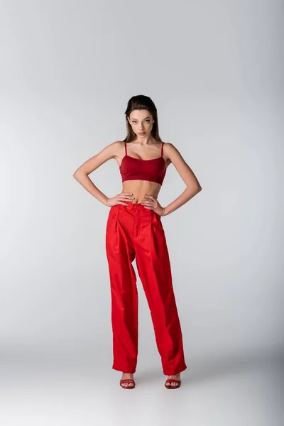 In voller Länge hübsches Model in rotem Outfit posiert mit Händen auf Hüften auf grau — Stockfoto
