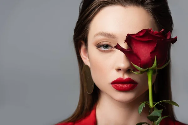 Close up de jovem mulher perto de rosa vermelha isolado em cinza — Fotografia de Stock