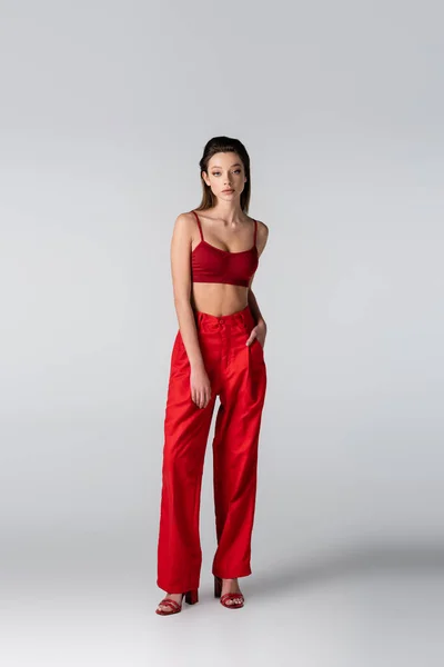 Modello intero in crop top rosso e pantaloni in posa a mano in tasca su grigio — Foto stock