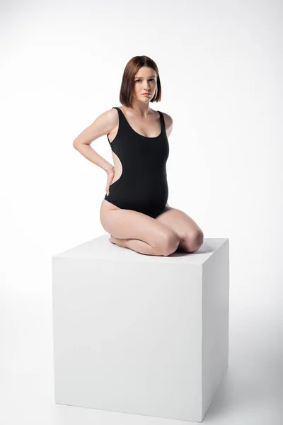 Brünette schwangere Frau im Badeanzug schaut auf Kamera auf Würfel auf weißem Hintergrund — Stockfoto