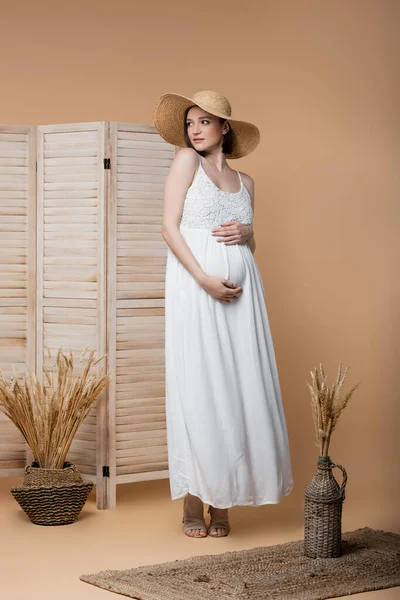 Femme enceinte en chapeau de soleil et robe toucher le ventre près des plantes sur beige — Photo de stock