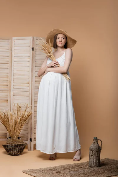 Femme enceinte en robe tenant des épillets près de l'écran pliant sur beige — Photo de stock