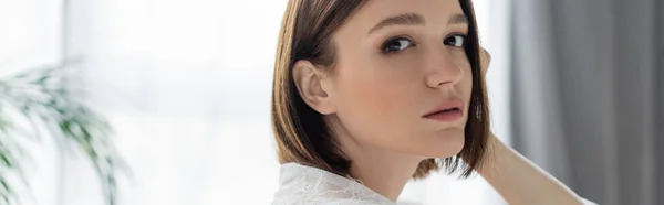 Portrait of young brunette woman at home, banner — Stock Photo