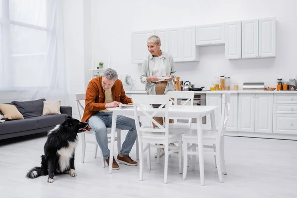 Smiling senior woman holding plate near husband and border collie in kitchen — Stock Photo