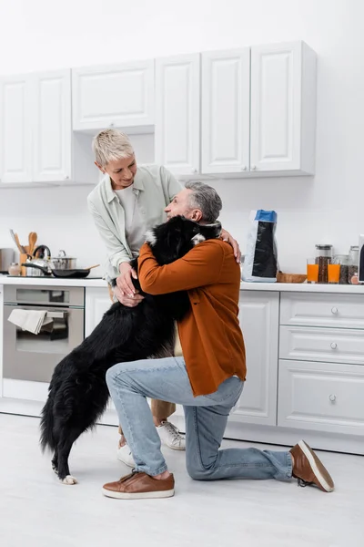 Lächelnder Mann umarmt Border Collie neben Frau in Küche — Stockfoto