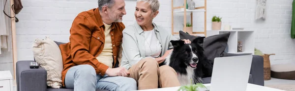 Coppia sorridente che parla e accarezza il collie di confine vicino al laptop a casa, banner — Foto stock