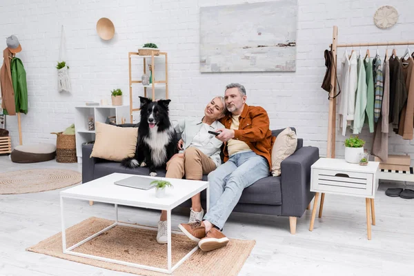 Homem segurando controlador remoto perto da esposa e fronteira collie no sofá — Fotografia de Stock