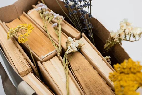 Nahaufnahme von getrockneten Blumen auf Büchern in Einkaufstasche isoliert auf grau, Ansicht von oben — Stockfoto