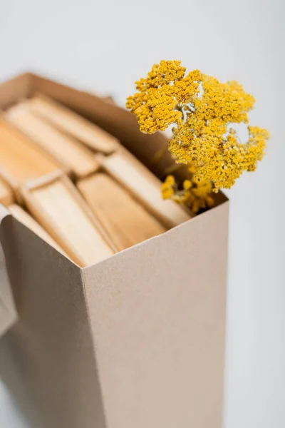 Foco selectivo de flores amarillas secas cerca de la bolsa de compras borrosa con libros aislados en gris - foto de stock