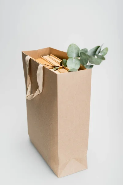 Einkaufstasche mit Büchern und getrockneten Pflanzen mit grünen Blättern auf grauem Hintergrund — Stockfoto