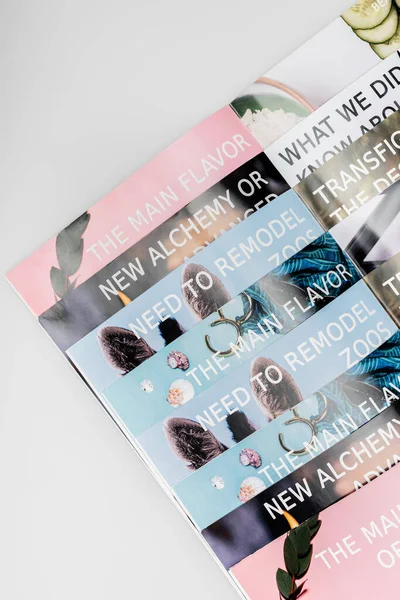 Top view of colorful beauty magazines isolated on grey — Stock Photo