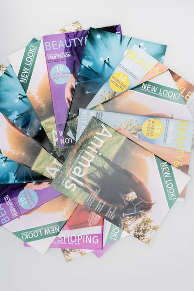 Top view of shopping and naturalistic magazines isolated on grey — Stock Photo