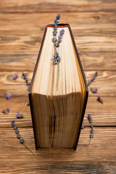 Vue rapprochée du livre avec des fleurs de lavande pourpre sur une surface en bois floue — Photo de stock