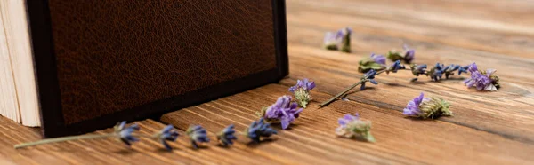 Close up view of lavender flowers on wooden desk, banner — Stock Photo