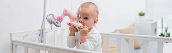 Infant boy biting toy in baby bed at home, banner — Stock Photo