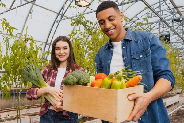 Positive interracial farmers holding fresh vegetables in greenhouse — Stock Photo