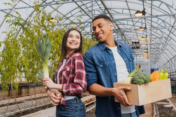 Happy farmer holding leek near african american colleague with vegetables in greenhouse — Stock Photo
