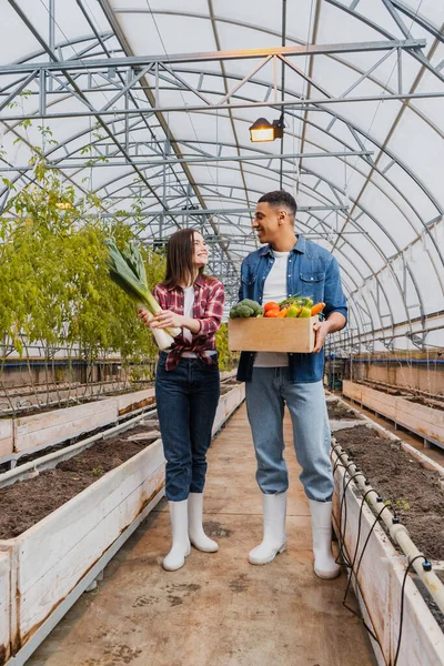 Happy multiethnic farmers holding fresh food in greenhouse — Stock Photo