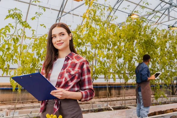 Positive farmer in apron holding clipboard near blurred african american colleague in greenhouse — Stock Photo