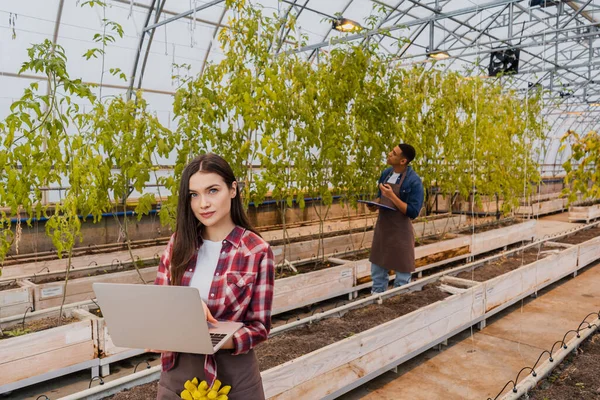 Farmer in apron holding laptop while working in greenhouse — Stock Photo
