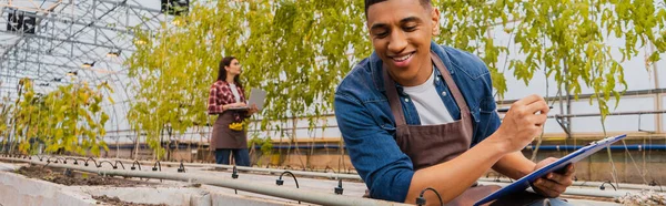 Positive african american farmer holding clipboard near ground and blurred colleagues in greenhouse, banner — Stock Photo