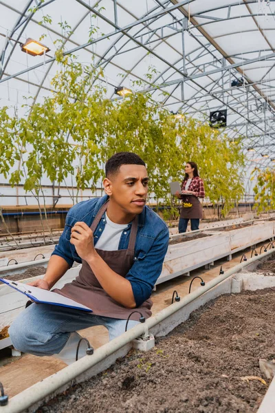 Agricultor afro-americano segurando prancheta e olhando para o chão em estufa — Fotografia de Stock