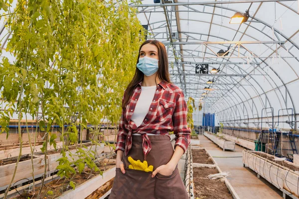 Giovane agricoltore in maschera medica e grembiule guardando le piante in serra — Foto stock