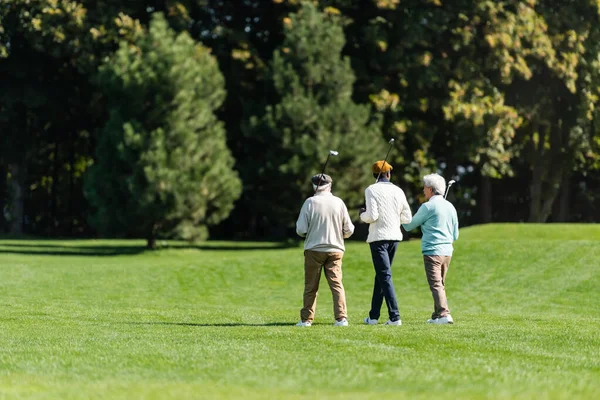 Back view of senior multiethnic friends walking with golf clubs on green field near trees — Stock Photo