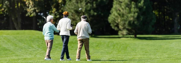 Visão traseira de amigos multiétnicos seniores andando com tacos de golfe no campo verde perto de árvores, bandeira — Fotografia de Stock