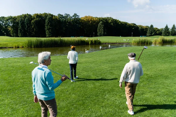 Asiático senior hombre caminando con multiétnico amigos en campo cerca estanque - foto de stock