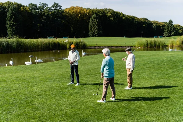Старші багатоетнічні чоловіки грають в гольф біля ставка з лебедями — стокове фото