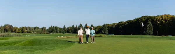 Азіатський чоловік в сонцезахисних окулярах ходить біля старших багатоетнічних друзів з гольф-клубами, банер — стокове фото