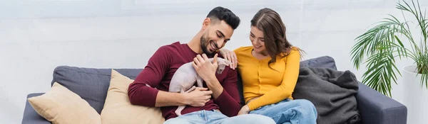 Arabian man holding sphynx cat near smiling girlfriend on couch, banner — стокове фото