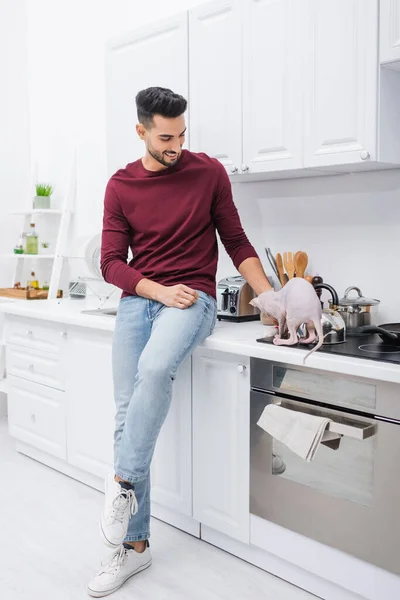 Positive muslim man looking at sphynx cat on worktop in kitchen — Stockfoto