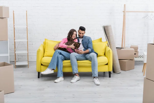 Positives gemischtrassiges Paar hält Bengalkatze auf Couch in der Nähe von Kartons zu Hause — Stockfoto