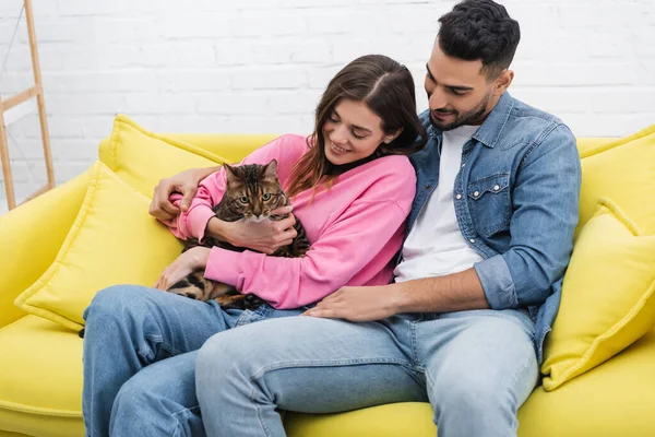 Casal multiétnico olhando para gato bengala enquanto sentado no sofá na sala de estar — Fotografia de Stock