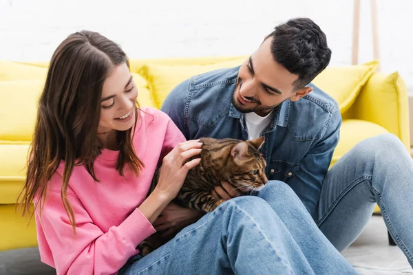 Cheerful multiethnic couple looking at bengal cat at home — Stockfoto