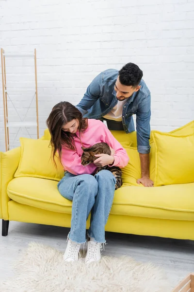 Hombre árabe positivo mirando a su novia con gato de bengala en el sofá en casa - foto de stock