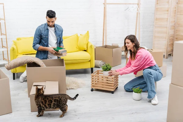 Paquets de déballage de couple interracial positif près du chat bengale à la maison — Photo de stock