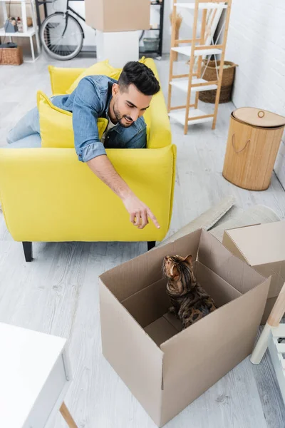 Homme arabe souriant pointant le chat bengale dans une boîte en carton à la maison — Photo de stock