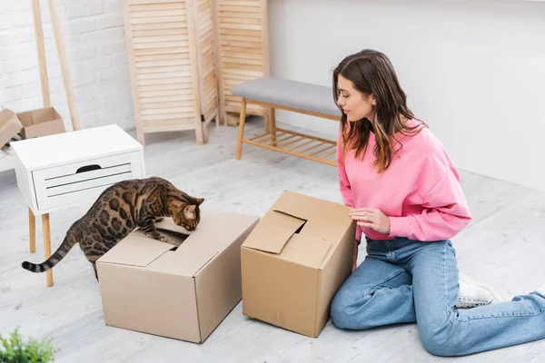 Vista lateral da mulher olhando para o gato bengala perto de pacotes em casa — Fotografia de Stock