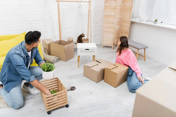 Vue latérale du couple multiethnique regardant le chat bengale près des paquets dans le salon — Photo de stock